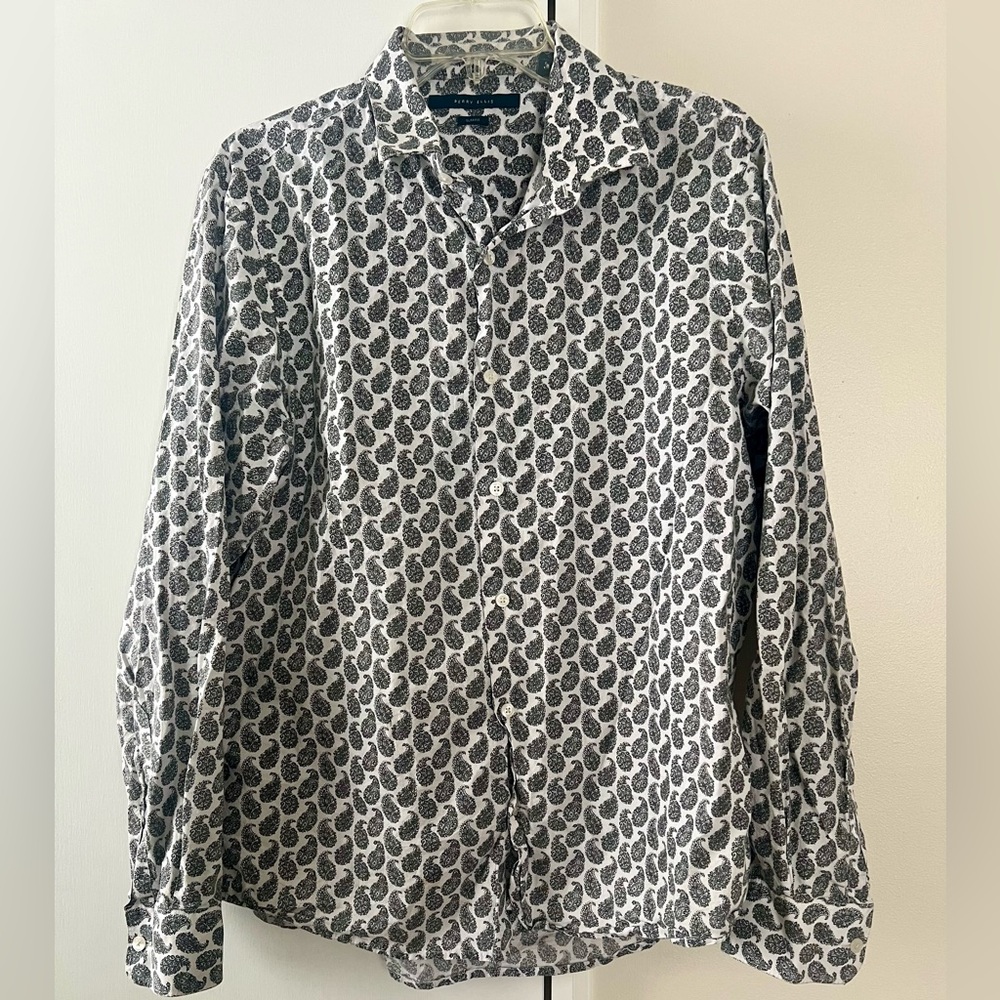 Perry Ellis Slim Fit Men Size L Gray/White Paisley Button Up Shirt Long Sleeve